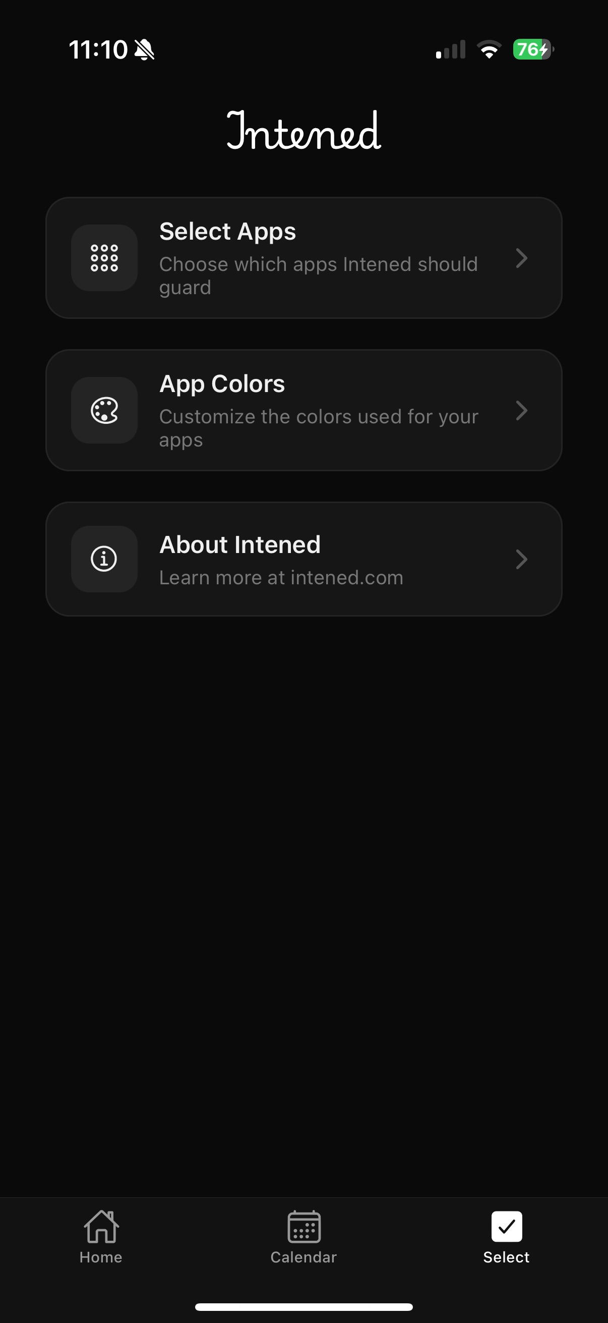 Intened's home menu with Select Apps, App Colors, and About options
